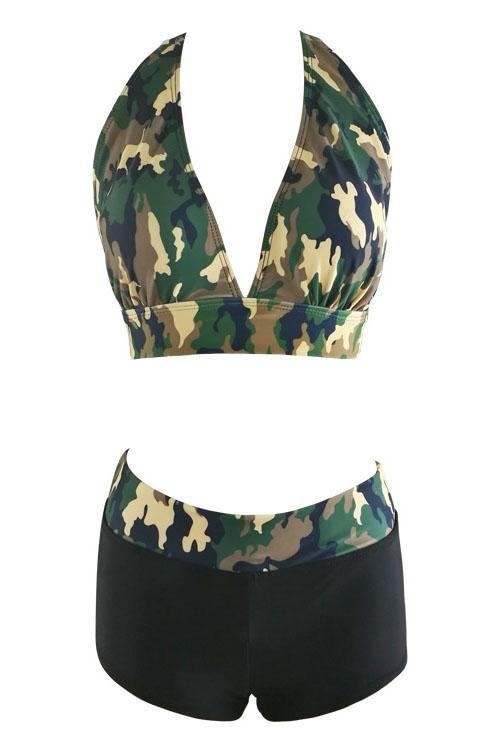 Black Camo Print Halter High Waisted Boyshort Two Piece Swimsuit-elleschic