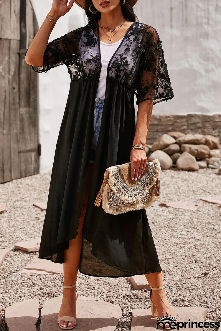 Black Lace Crochet Long Kimono