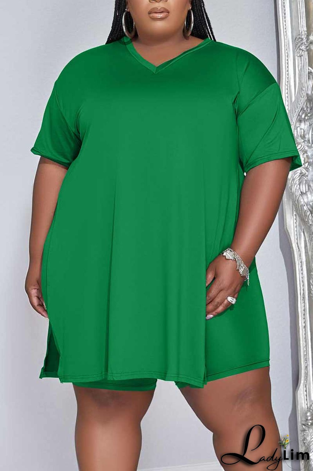 Green Casual Solid Patchwork V Neck Plus Size Two Pieces