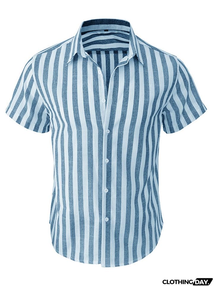 Men's Summer Classic Stripe Lapel Short Sleeve Button Beach Shirts