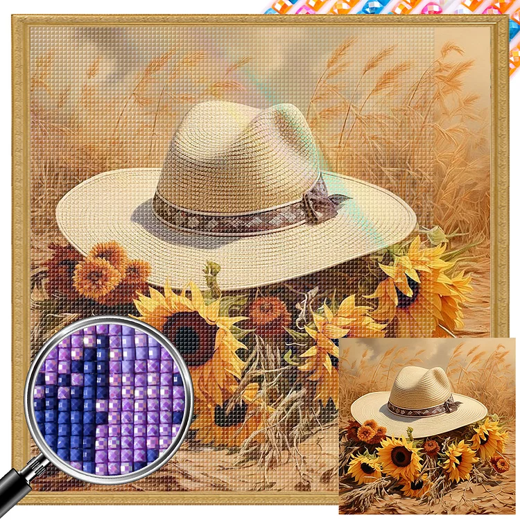 Partial AB Drill - Full Square Diamond Painting - Sunflower And Straw Hat 40*40CM