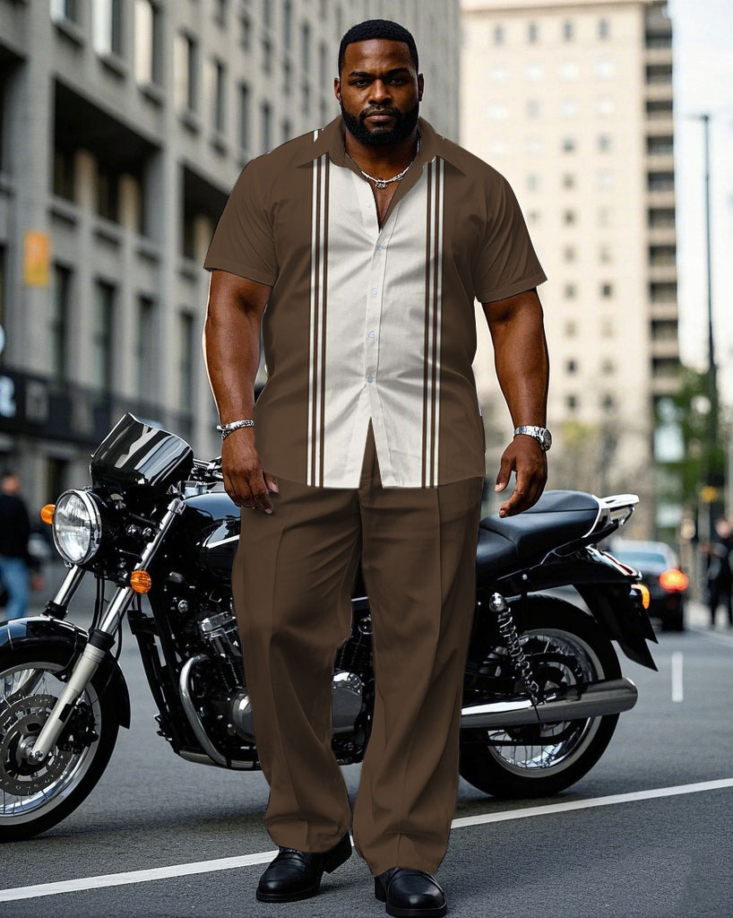 Men's Plus Size Brown & White Colorblock Short Sleeve Shirt Trousers Suit