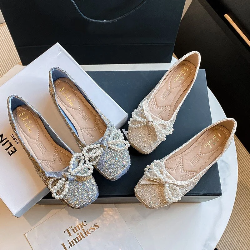 pearl strings bow flat shoes women glitter lolita shoes pleated slik square toe slip on loafers women espadrilles big size 43