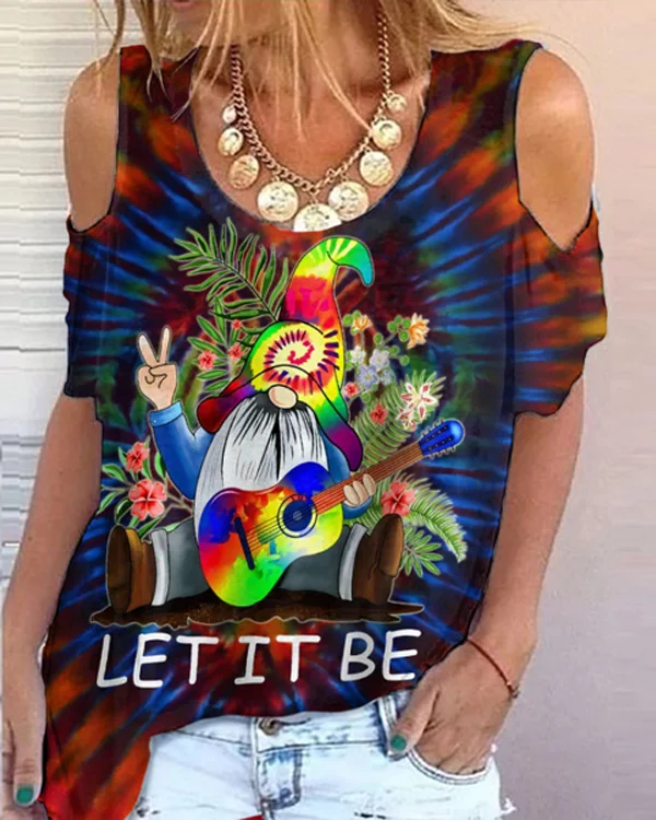 🔥kukelife🔥Let It Be Print Hippie Cold Shoulder T-Shirt