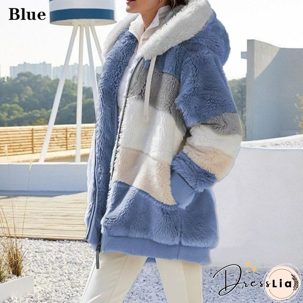 New Winter Womens Jacket Hooded Warm Plush Loose for Women Patchwork Outerwear Faux Fur