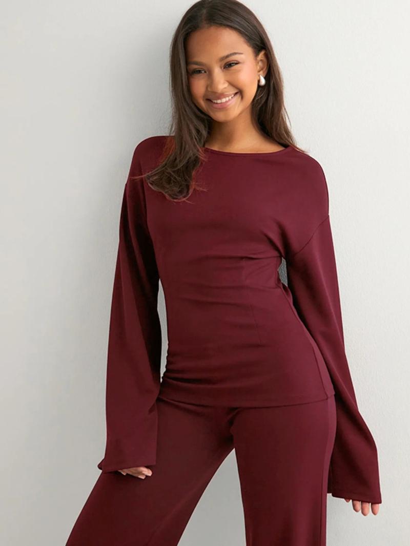 Women's Fall New Round Neck Flare Long Sleeve Top & Elastic Waist Straight Leg Pants Set, Casual Fashion for Daily Wear