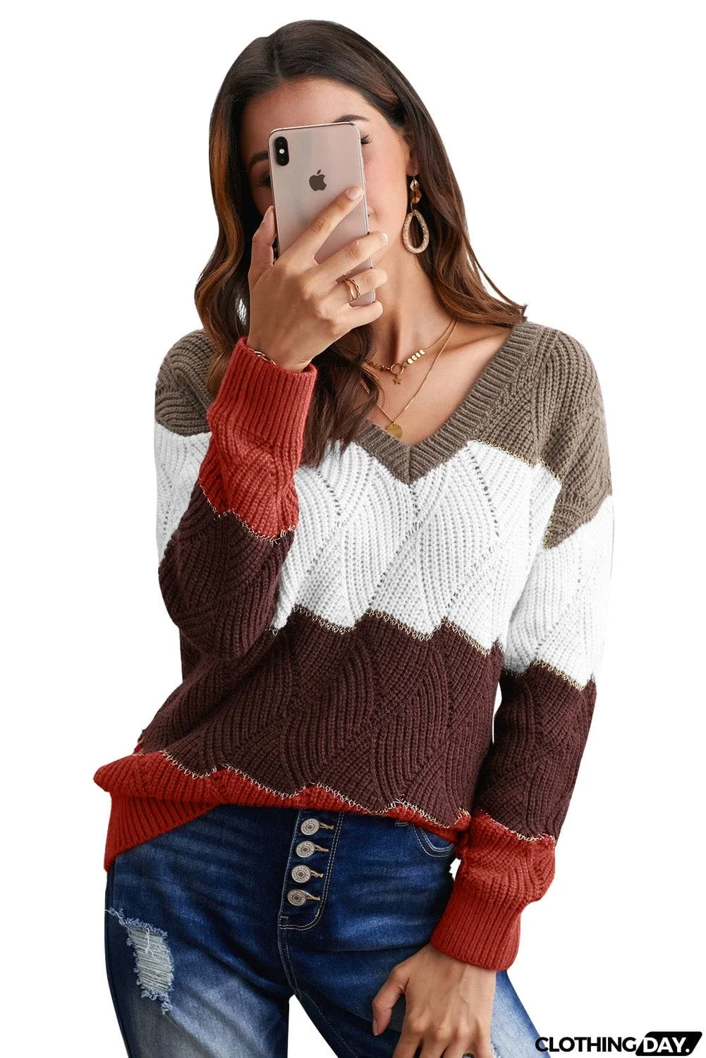Women's Brown Colorblock V Neck Textured Knit Sweater