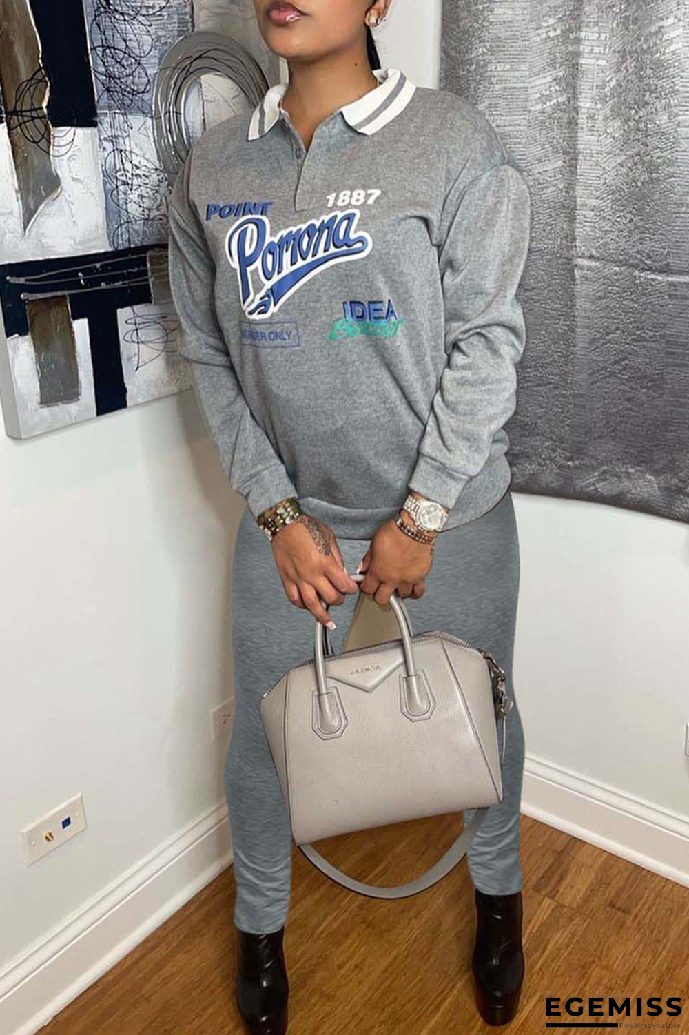 Grey Casual Print Patchwork Turndown Collar Long Sleeve Two Pieces | EGEMISS