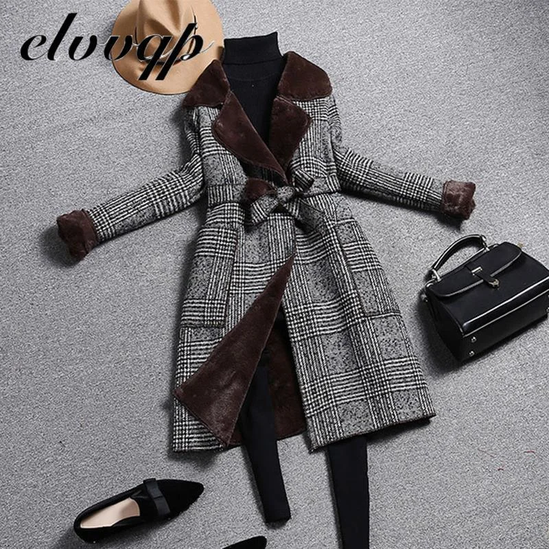 Woolen Coat Women 2020 New Winter Long Thick Plus Velvet Warm Fur Jackets Elegant Pocket Plaid Belt Ladies Coats high Quality