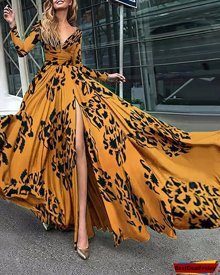 Printed Graphic Slit Evening Elegant Maxi Dress