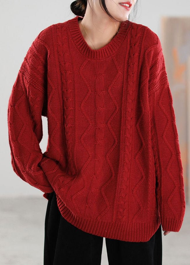 French Red O-Neck side open Knit Sweater Tops Spring