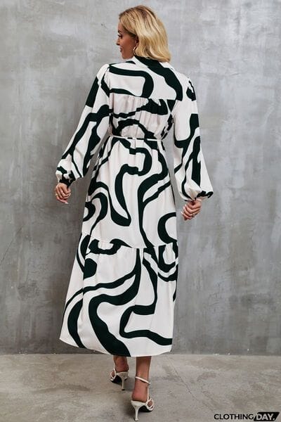 Tie-Waist Printed Button Up Dress