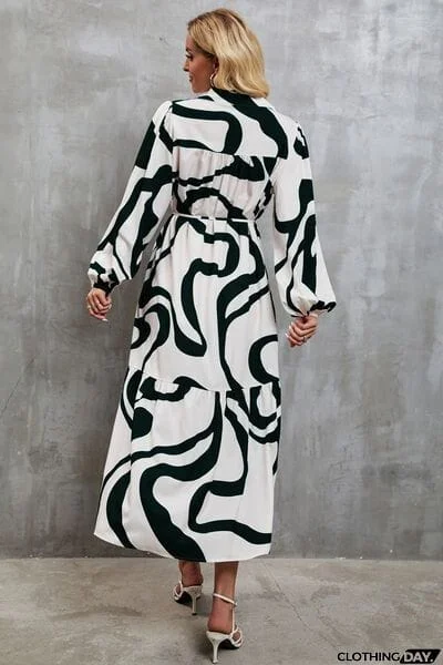 Tie-Waist Printed Button Up Dress