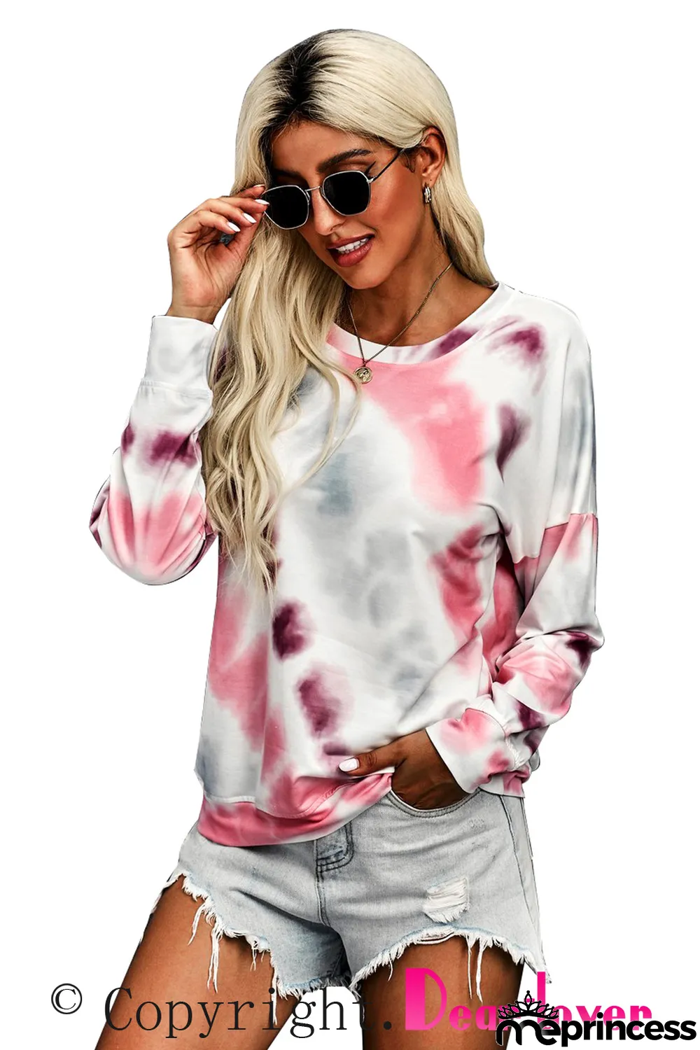 Pink Casual Tie-dye Round Neck Sweatshirt