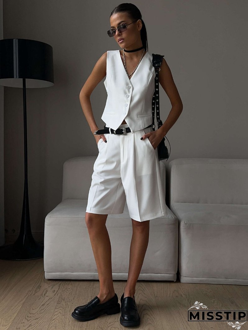 Women v-neck single-breasted vest + shorts two-piece set