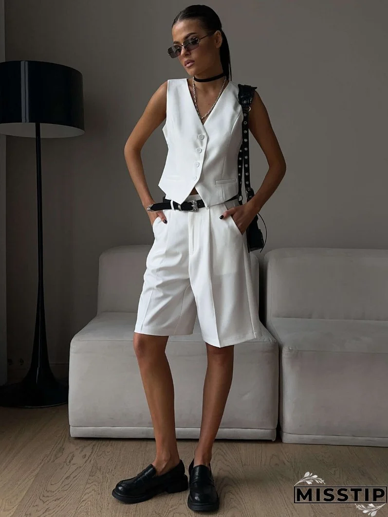 Women v-neck single-breasted vest + shorts two-piece set