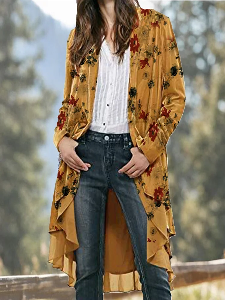 UR Floral Print Sheer Panel Asymmetrical Hem Coat