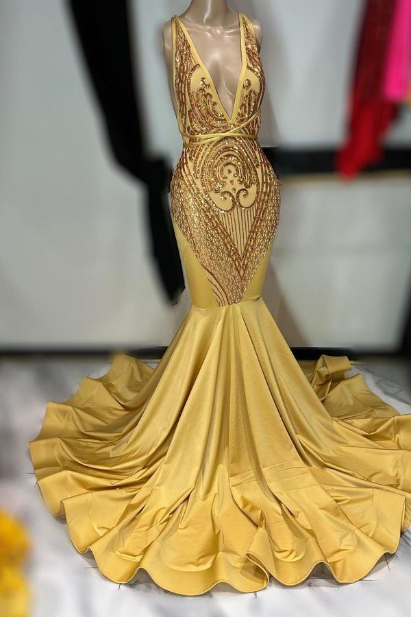 Dresseswow Gold Deep V-Neck Mermaid Prom Dress With Sequins Sleeveless