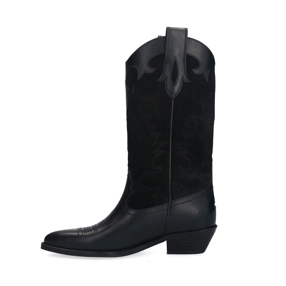Black Pointed Toe Chunky Heel Pull On Embroidered Cowgirl Boots
