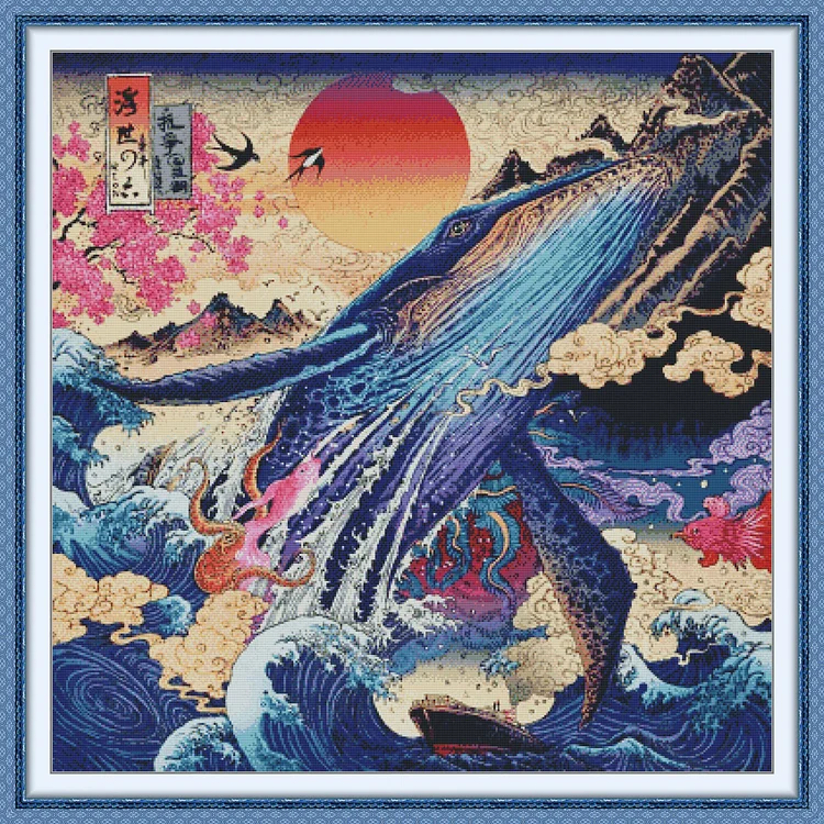 Joy Sunday - Sunset Shark Ukiyo-e- 2 - 14CT Strands Threads Printed cross stitch - 75*75cm(Canvas)
