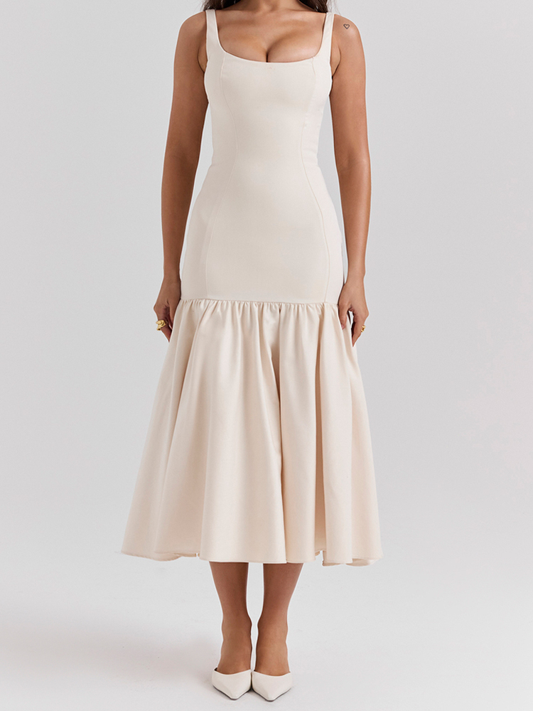 Ootddress White Ruffled Patchwork Maxi Dress Female Fashion Slim High Waist Backless Pleated Summer Strapless Female Long Dress 2025