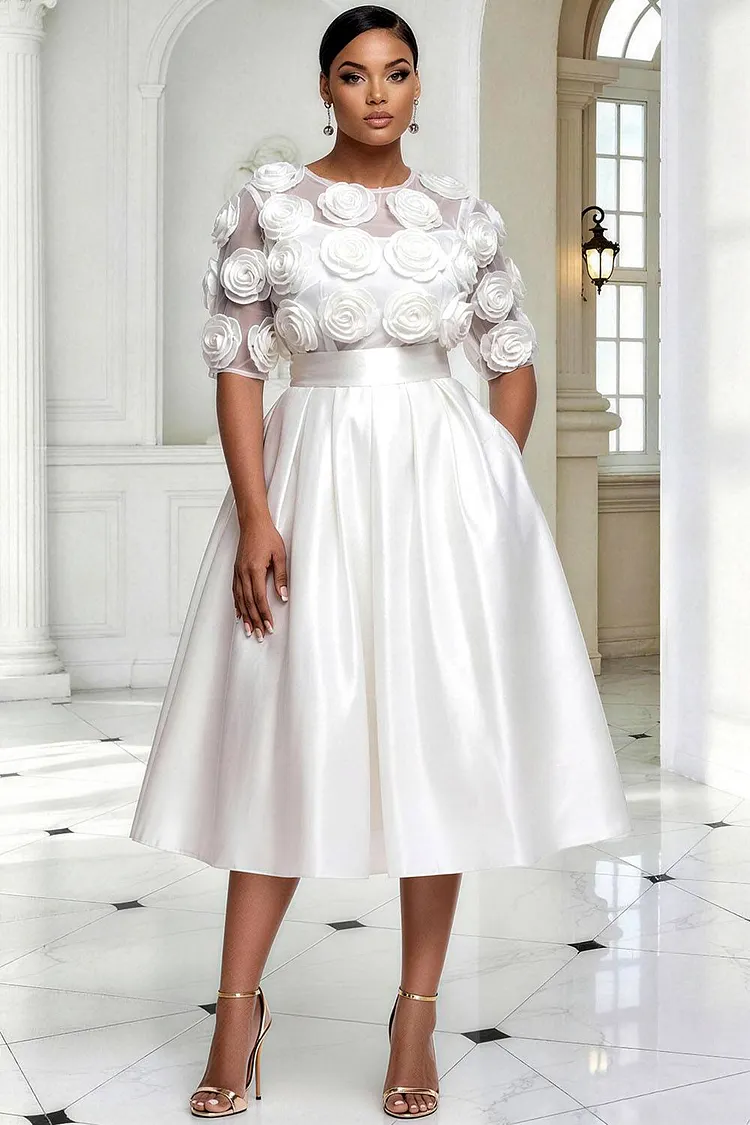 Xpluswear Design Plus Size Cocktail Party Tulle White Round Neck Short Sleeve 3D Pocket Satin Midi Dresses [Pre-Order] 2024 - Xpluswear