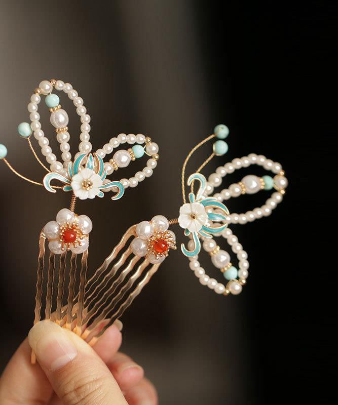 VCSHOES Colorblock Copper Pearl Crystal Cloisonne Butterfly Hairpin