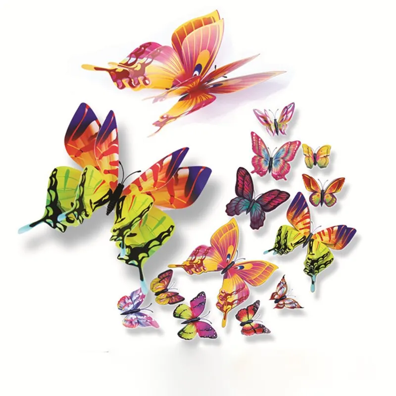 12pcs/lot Plain color 3D stickers Simulation butterfly double wings Modern home decor Background wall painting Magnetic+Glue