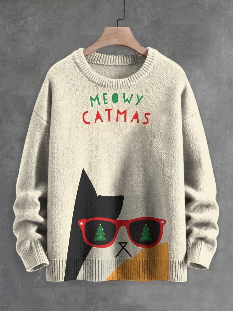 Men's Meowy Catmas Christmas Art Print Knit Sweatshirt