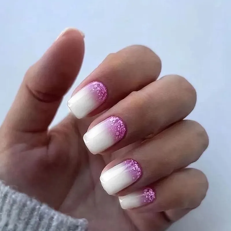 Churchf Churchf Gradient Milk White Bottom Jump Color Flash Pink Nail Gentle And Sweet Temperament Girl Fake Nails Wear Nail Nail Tablets