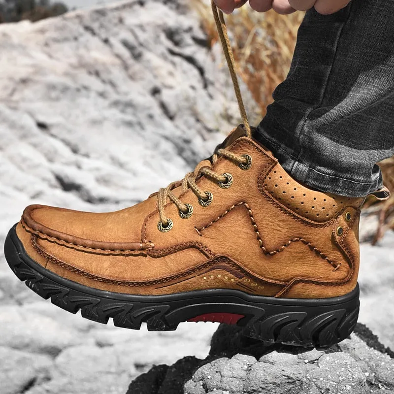 Men ankle Boots Fur Warm genuine Leather winter boots lace up Outdoor Walking Mountain waterproof plush men snow boots