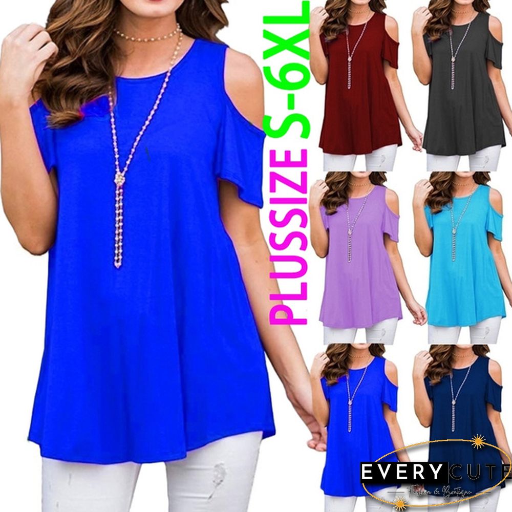 Plus Size XS-6XL Summer Womens Fashion Cold Shoulder Shirts Casual Loose Short Sleeve Crew Neck Floral Tunic Tops Blouses