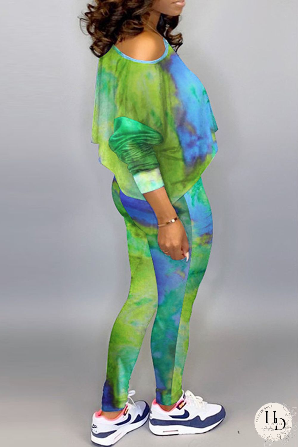 Green Fashion Casual Print Tie-dye Oblique Collar Long Sleeve Two Pieces
