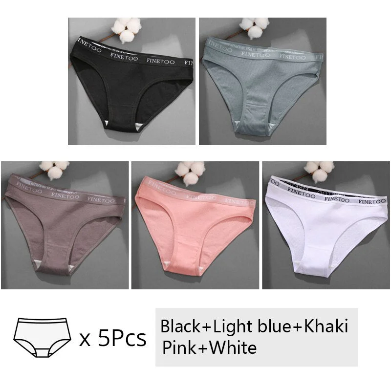 FINETOO 5Pcs/set Cotton Panties Women M-2XL Solid Color Letter Underwear Ladies Low Waist Briefs Plus Size Underpants Lingerie