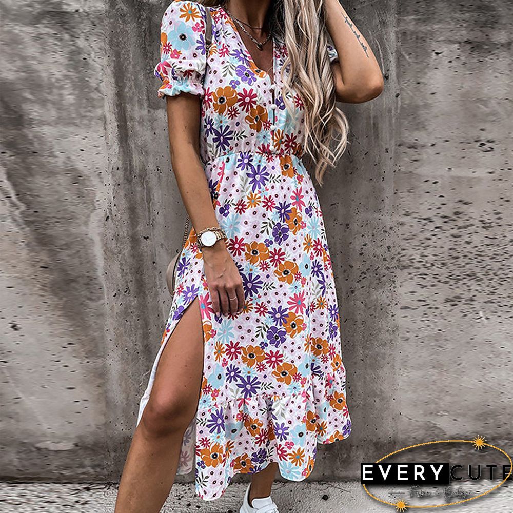 V Neck Side Split Short Sleeve Maxi Dress