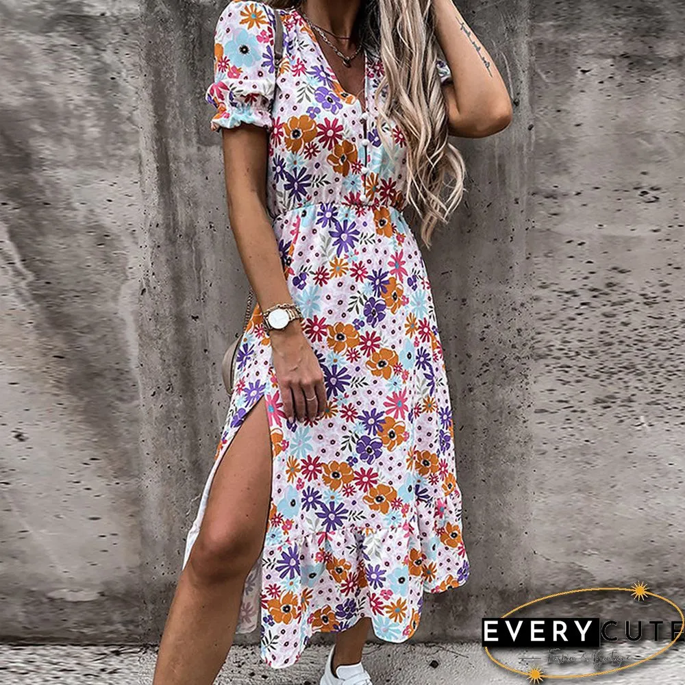 V Neck Side Split Short Sleeve Maxi Dress