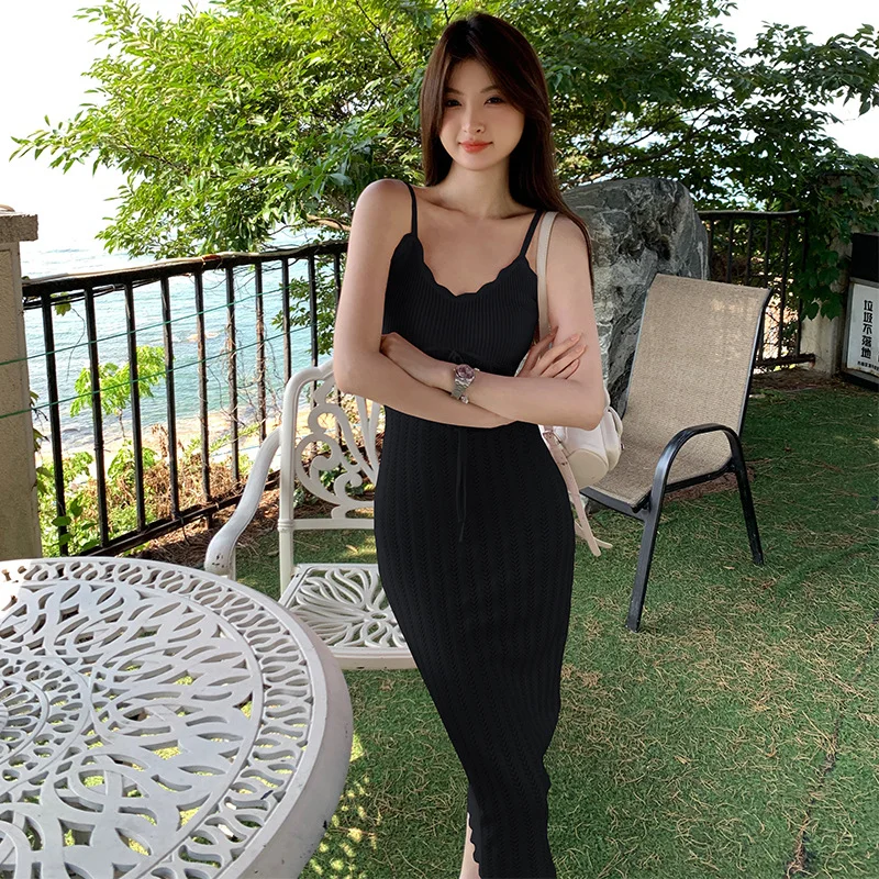 Ueong Pink Lace Sexy Sling Dress Women's Summer Waist V-Collar Knitted Skirt Hollowed-Out Hip Skirt