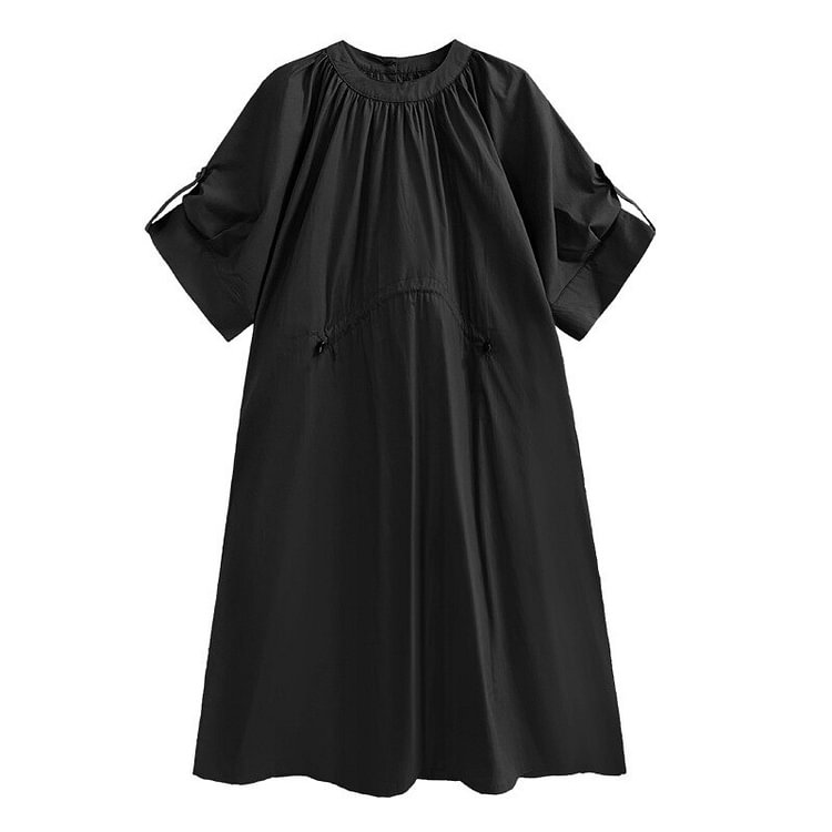 Casual Loose Solid Color O-neck Folds Drawstring Short Sleeve Dress  