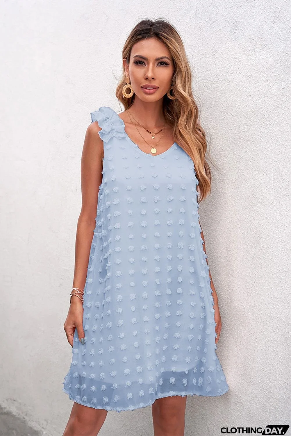 Swiss Dot V Neck Ruffled Sleeveless Mini Dress