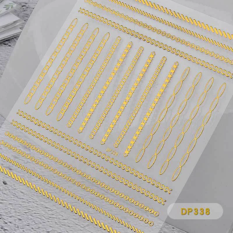 1Pcs 14x9cm 3D Metal Fashion Pattern Glamour Nail Art Sticker Self-adhesive Tape 3D Gold Chain Zipper Nail Design Applique