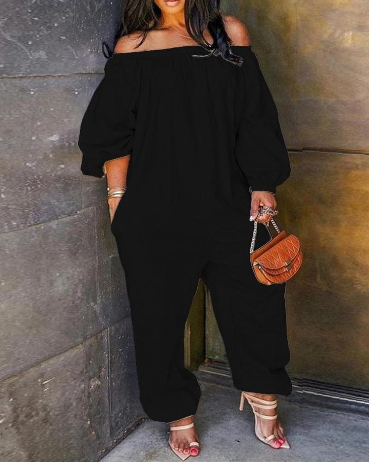 off shoulder solid lantern sleeve jumpsuit