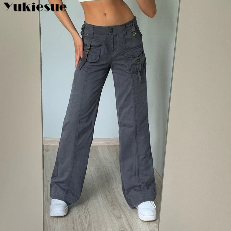 Retro gray overalls wide leg cargo women pants women&#39;s trousers sexy low waist loose casual trousers vintage streetwear