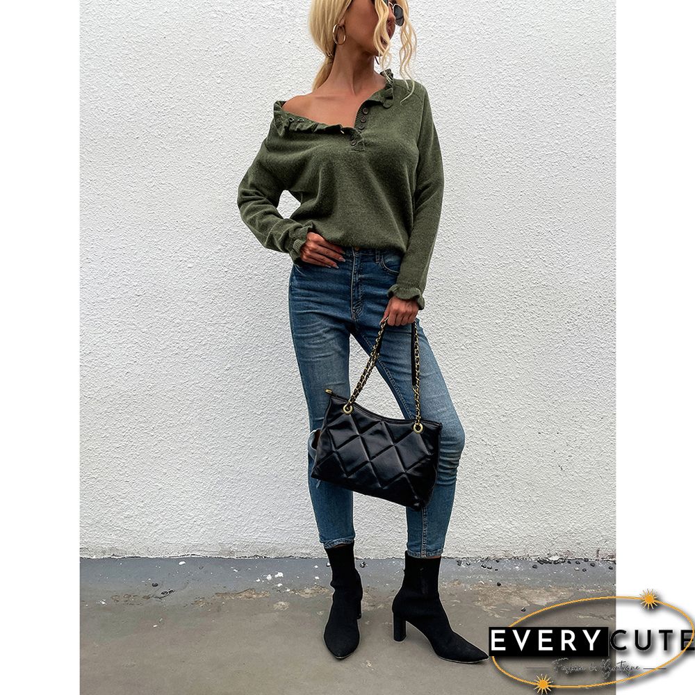 Green Ruffle Detail Crew Neck Long Sleeve Knitted Sweater