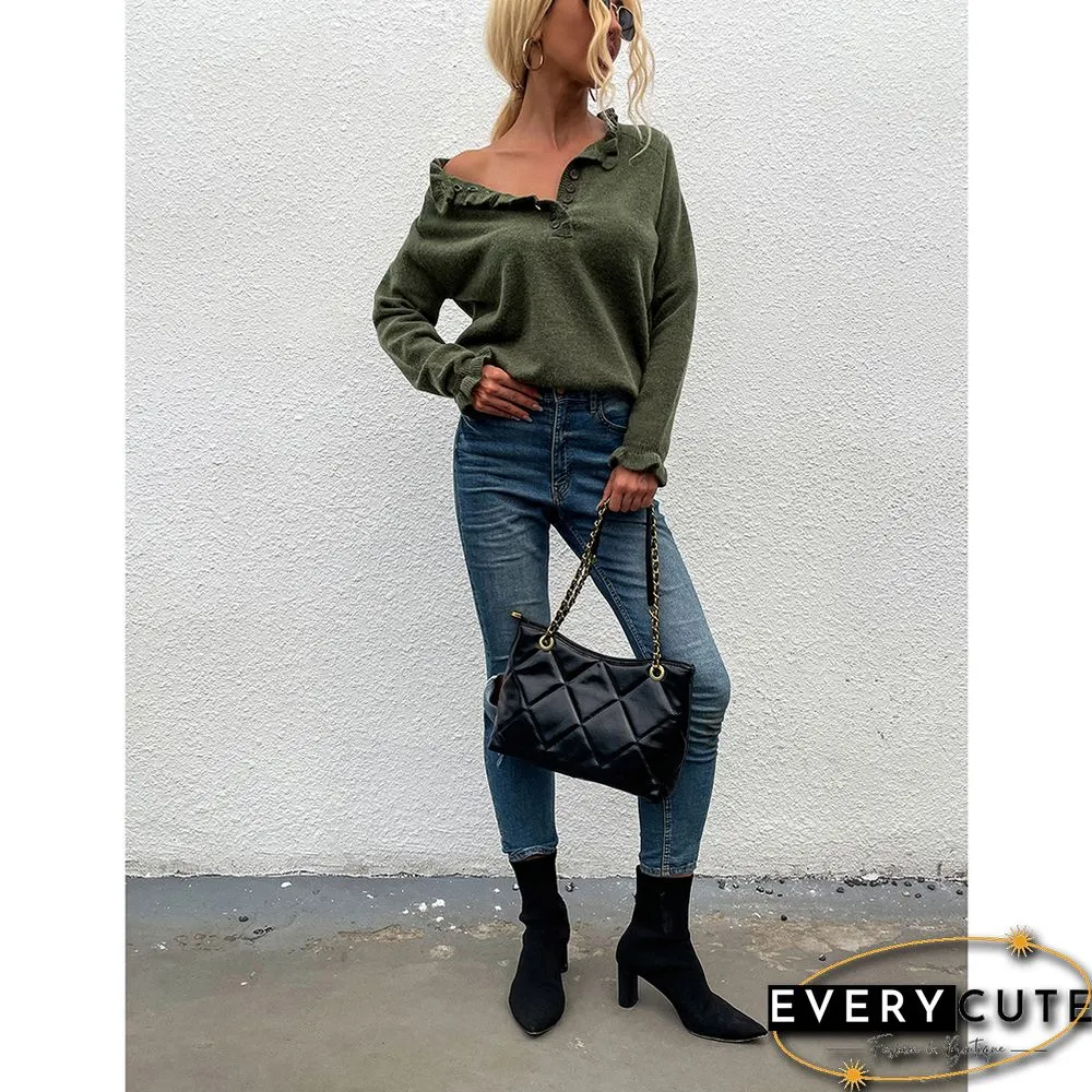 Green Ruffle Detail Crew Neck Long Sleeve Knitted Sweater