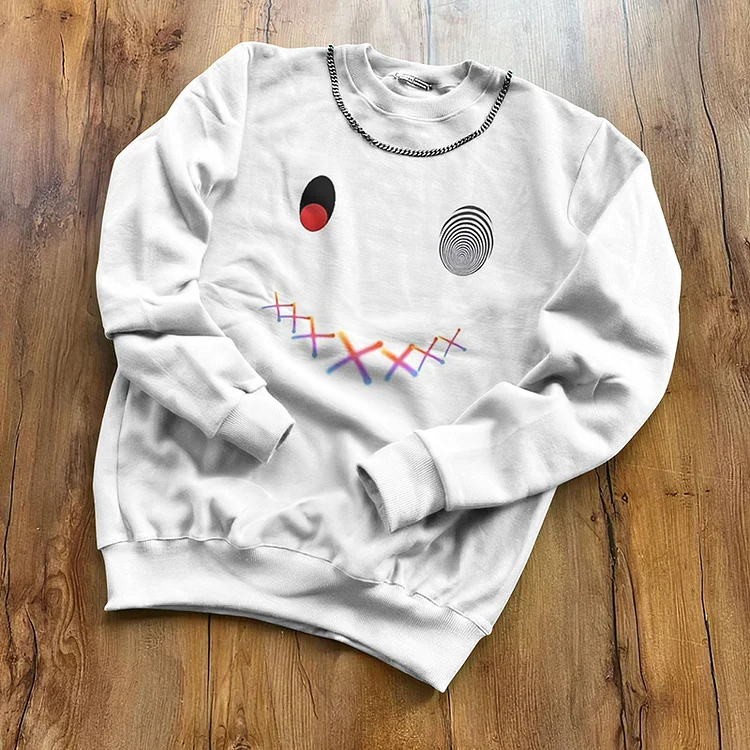 BrosWear Men's Abstract Smiley Face Pattern Round Neck Sweatershirt