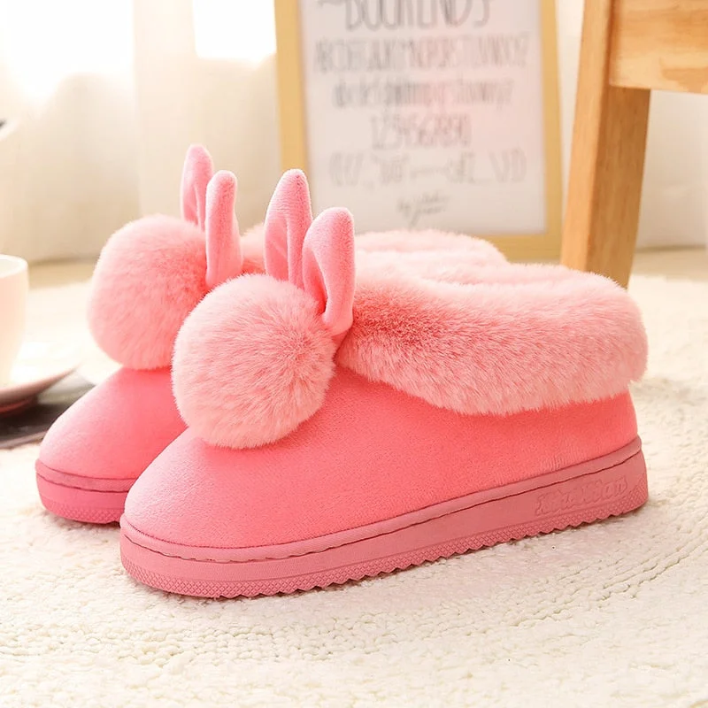 FONGIMIC Women Winter Slippers Warm Cute Cotton Slippers Ladies Autumn Velvet Home Floor Thick Bottom Cartoon House Rabbit Shoes