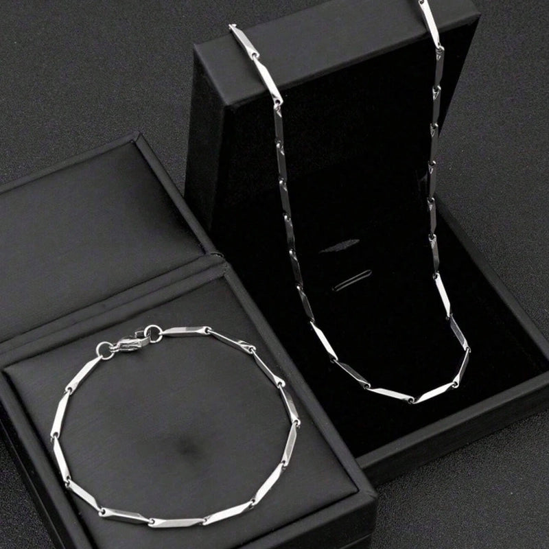 2pcs (Happy New Year 2025 New) Men's Stainless Steel Necklace Bracelet Suit Simple Jewelry Suit Fashion New Year Holiday Gift Suit (without Box)