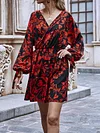 Floral-Print Puff Sleeve V-Neck Bohemia Mini Dress