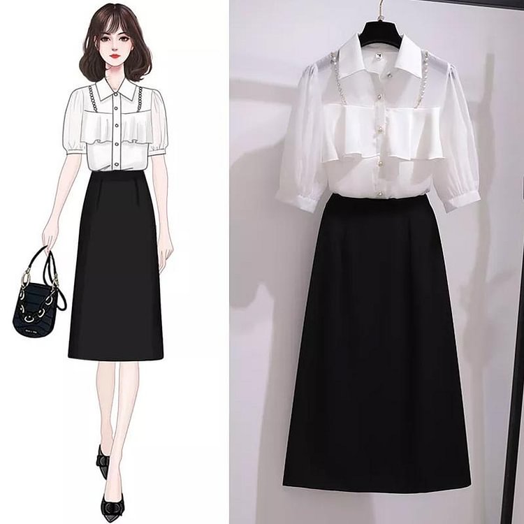Chic Artificial Pearl Blouse+Skirt P10730