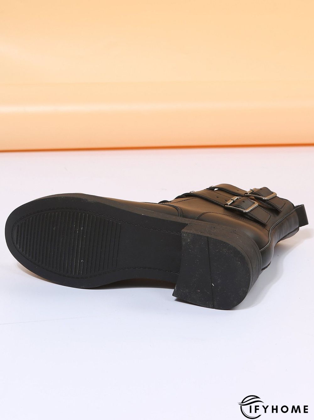 Black Riveted Buckle Coarse Heel Motorcycle Boots | IFYHOME